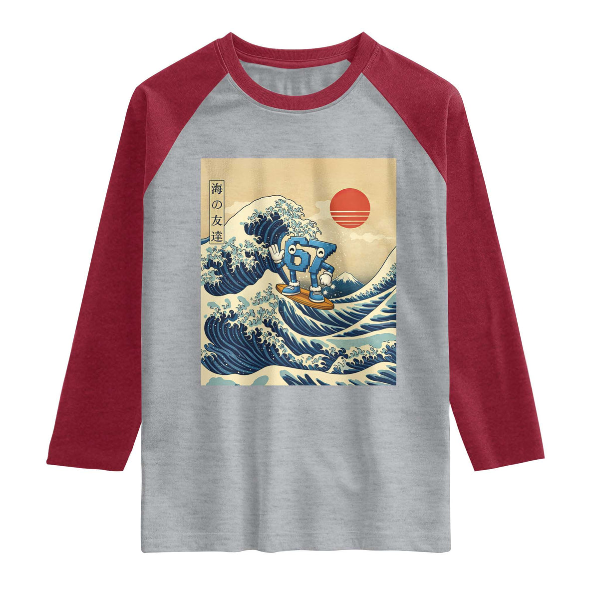 Funny Six Seven Surfing Raglan Shirt The Great Wave Kanagawa Japanese 67 Brainrot Meme