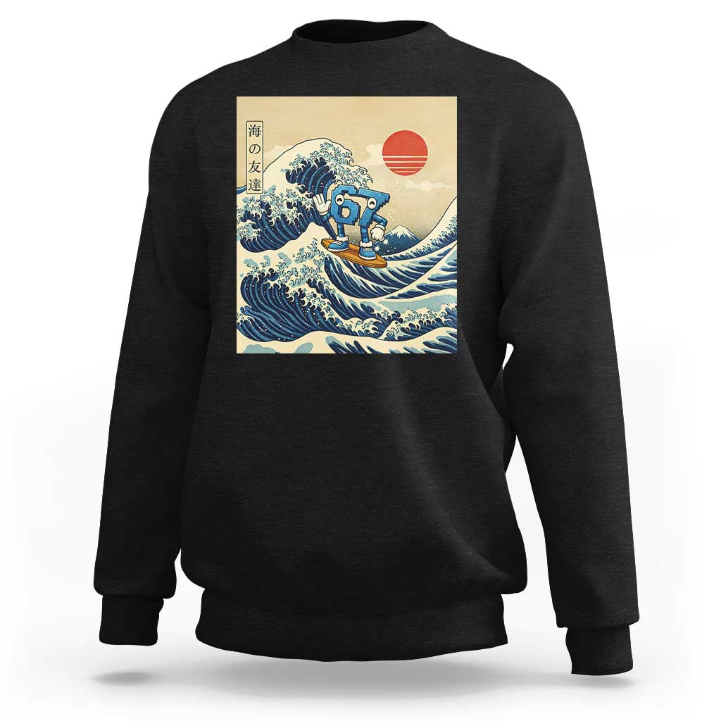 Funny Six Seven Surfing Sweatshirt The Great Wave Kanagawa Japanese 67 Brainrot Meme