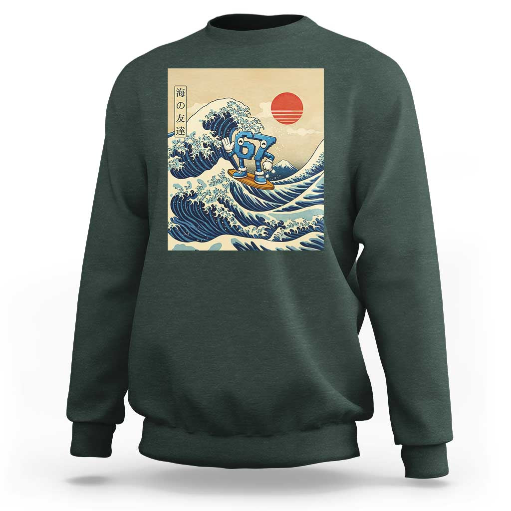 Funny Six Seven Surfing Sweatshirt The Great Wave Kanagawa Japanese 67 Brainrot Meme