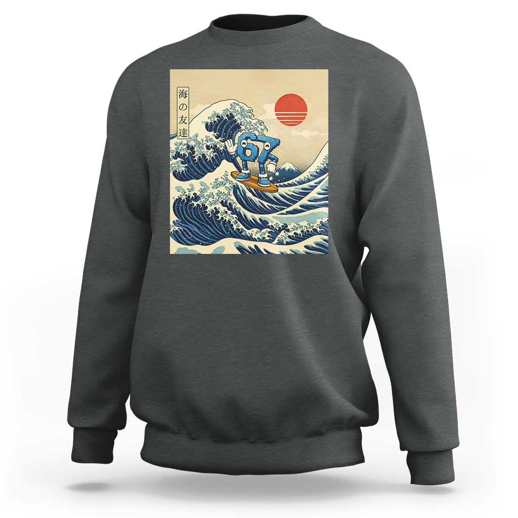 Funny Six Seven Surfing Sweatshirt The Great Wave Kanagawa Japanese 67 Brainrot Meme