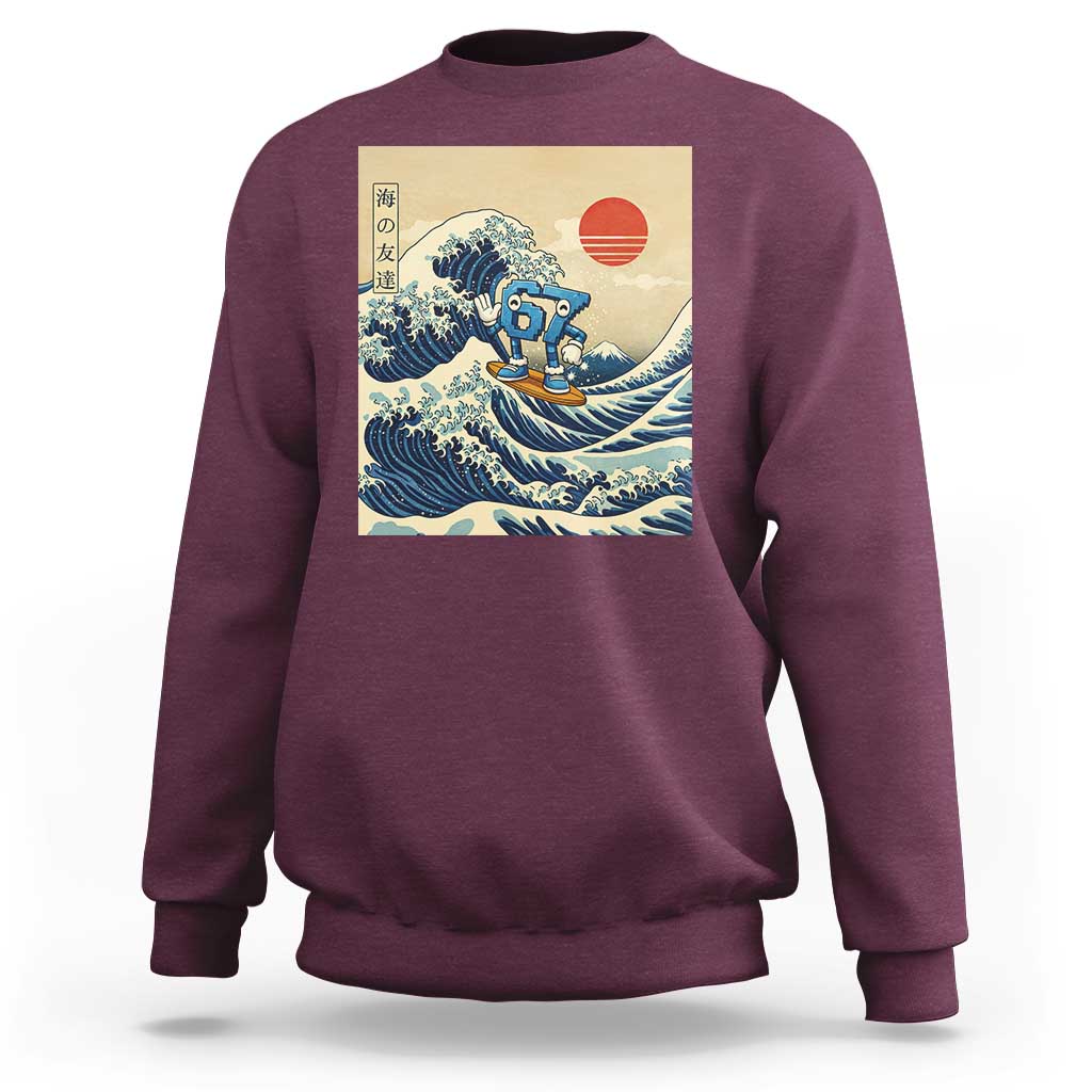 Funny Six Seven Surfing Sweatshirt The Great Wave Kanagawa Japanese 67 Brainrot Meme