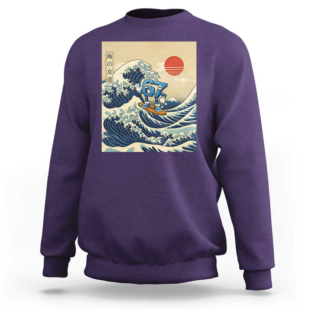 Funny Six Seven Surfing Sweatshirt The Great Wave Kanagawa Japanese 67 Brainrot Meme