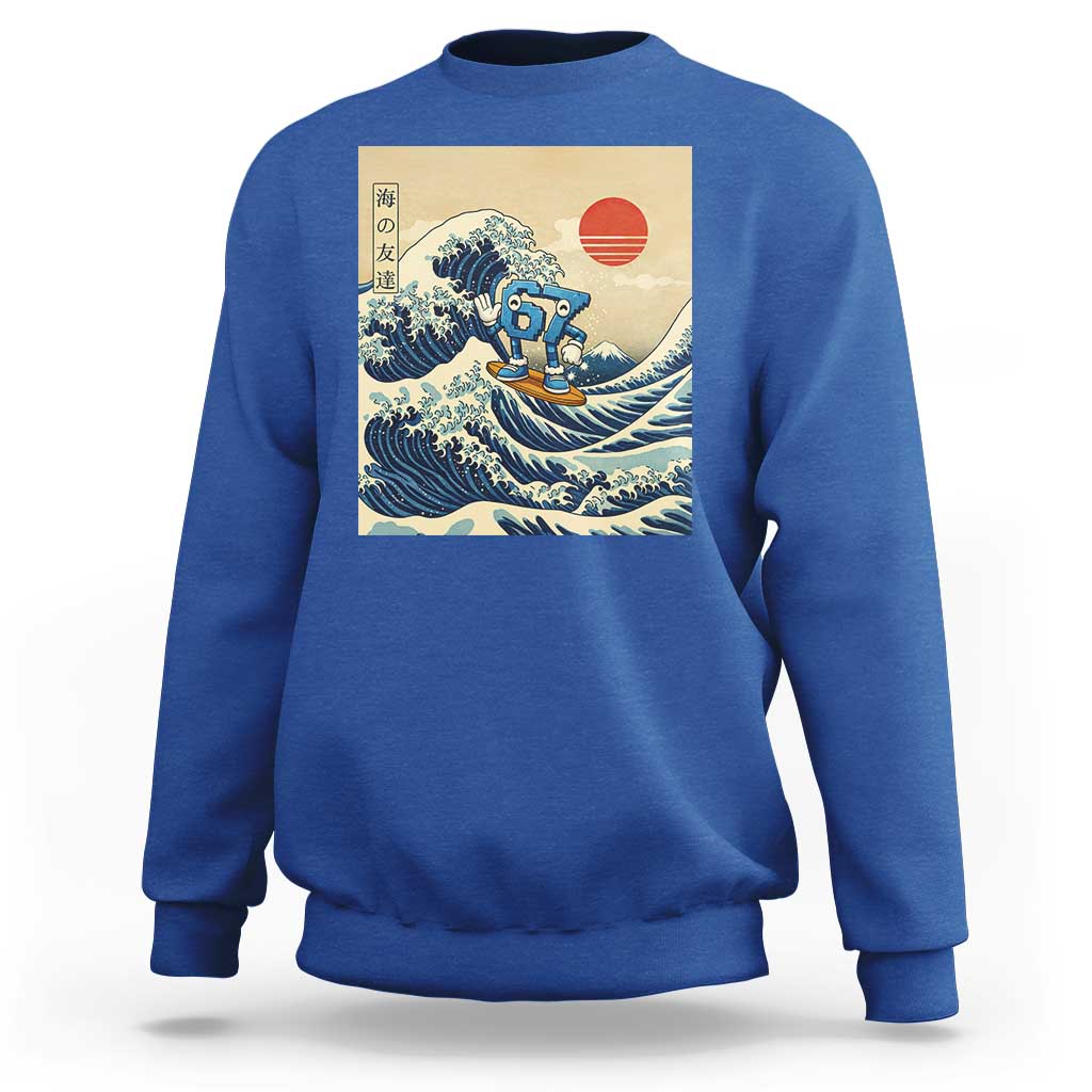 Funny Six Seven Surfing Sweatshirt The Great Wave Kanagawa Japanese 67 Brainrot Meme