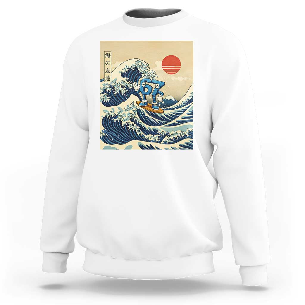 Funny Six Seven Surfing Sweatshirt The Great Wave Kanagawa Japanese 67 Brainrot Meme