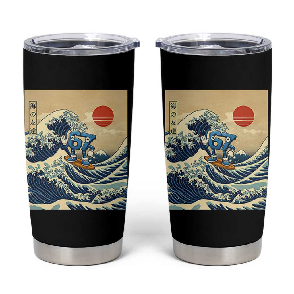 Funny Six Seven Surfing Tumbler Cup The Great Wave Kanagawa Japanese 67 Brainrot Meme