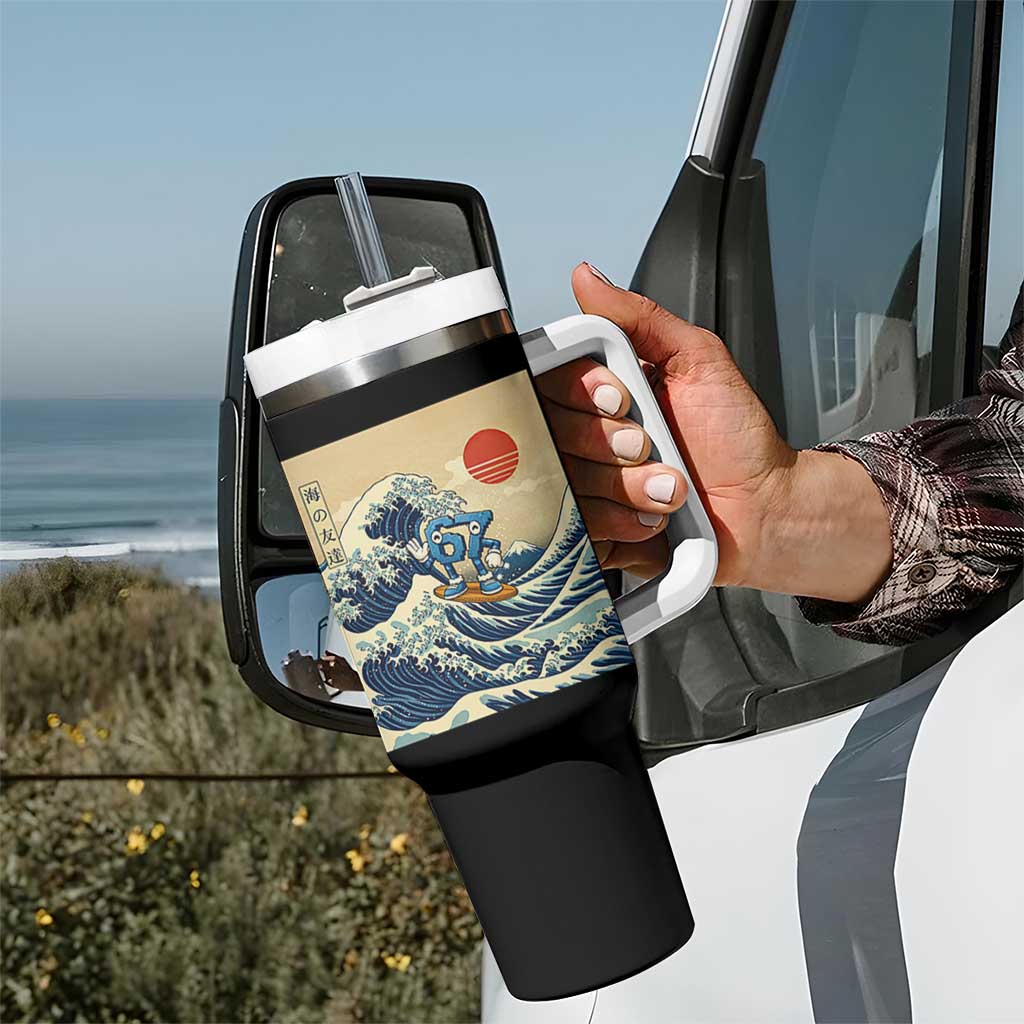 Funny Six Seven Surfing Tumbler With Handle The Great Wave Kanagawa Japanese 67 Brainrot Meme