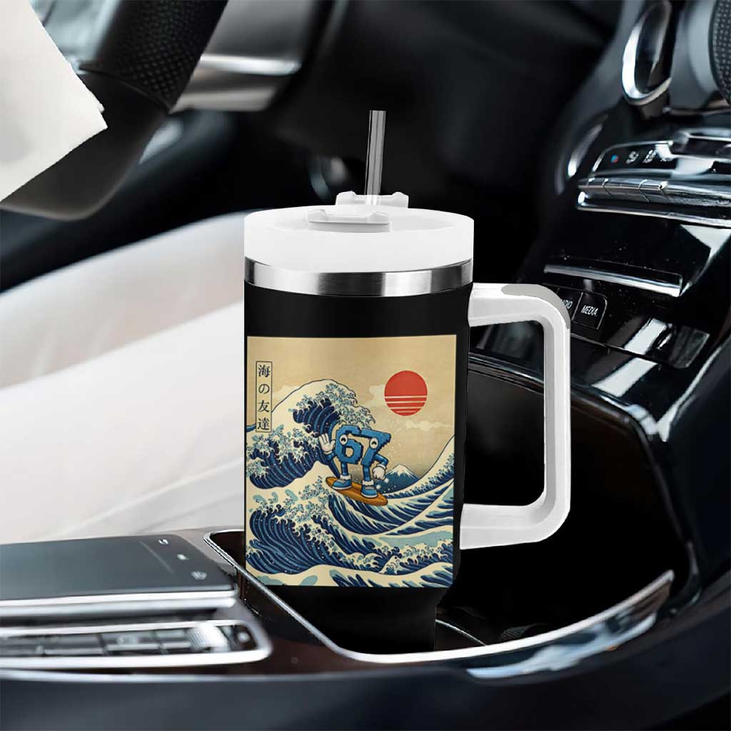 Funny Six Seven Surfing Tumbler With Handle The Great Wave Kanagawa Japanese 67 Brainrot Meme