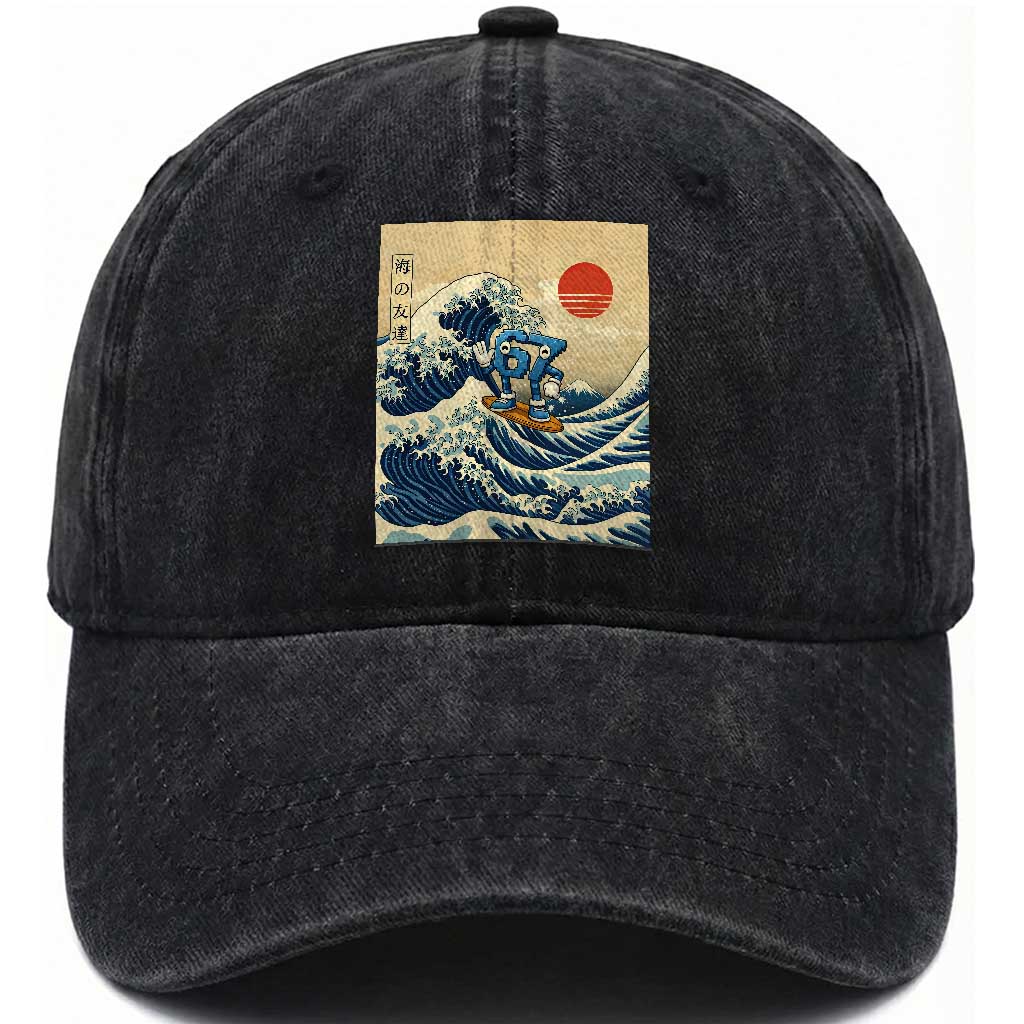 Funny Six Seven Surfing Washed Cotton Baseball Cap The Great Wave Kanagawa Japanese 67 Brainrot Meme