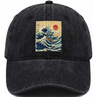 Funny Six Seven Surfing Washed Cotton Baseball Cap The Great Wave Kanagawa Japanese 67 Brainrot Meme