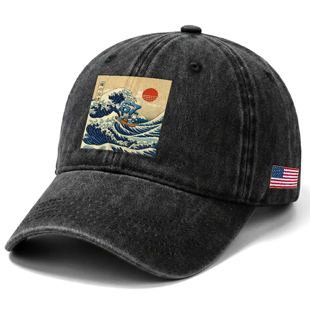 Funny Six Seven Surfing Washed Cotton Baseball Cap The Great Wave Kanagawa Japanese 67 Brainrot Meme
