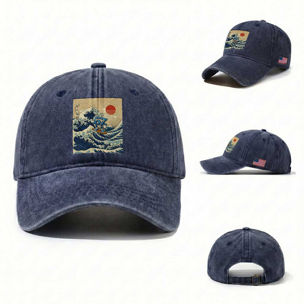 Funny Six Seven Surfing Washed Cotton Baseball Cap The Great Wave Kanagawa Japanese 67 Brainrot Meme