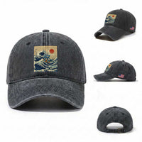 Funny Six Seven Surfing Washed Cotton Baseball Cap The Great Wave Kanagawa Japanese 67 Brainrot Meme