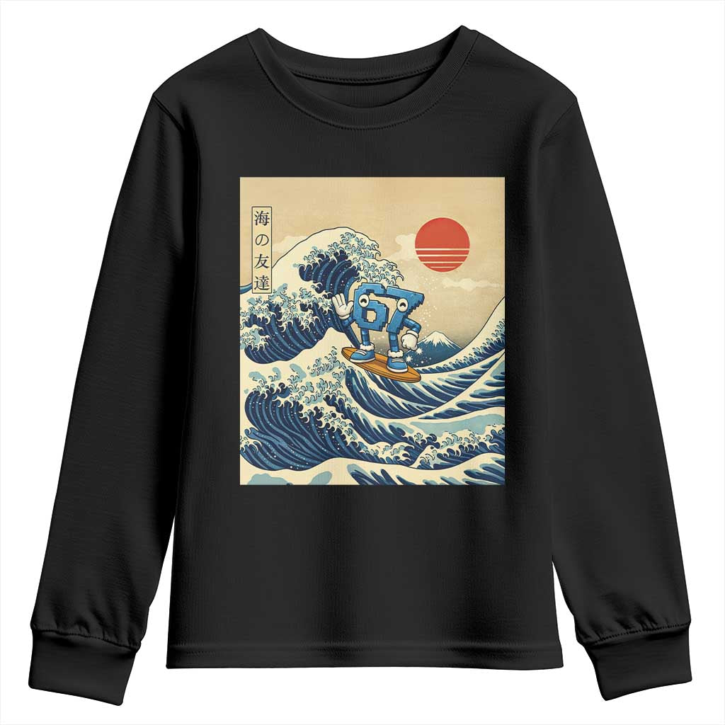 Funny Six Seven Surfing Youth Sweatshirt The Great Wave Kanagawa Japanese 67 Brainrot Meme