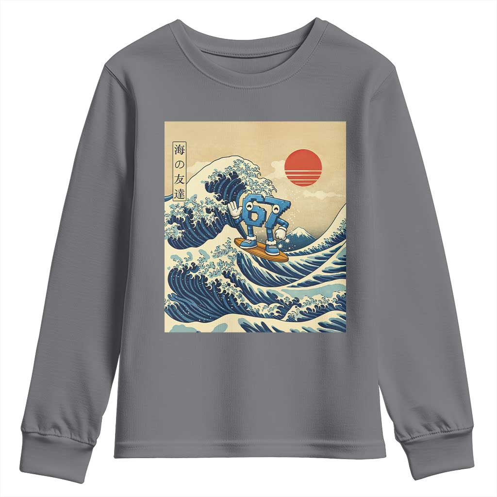 Funny Six Seven Surfing Youth Sweatshirt The Great Wave Kanagawa Japanese 67 Brainrot Meme