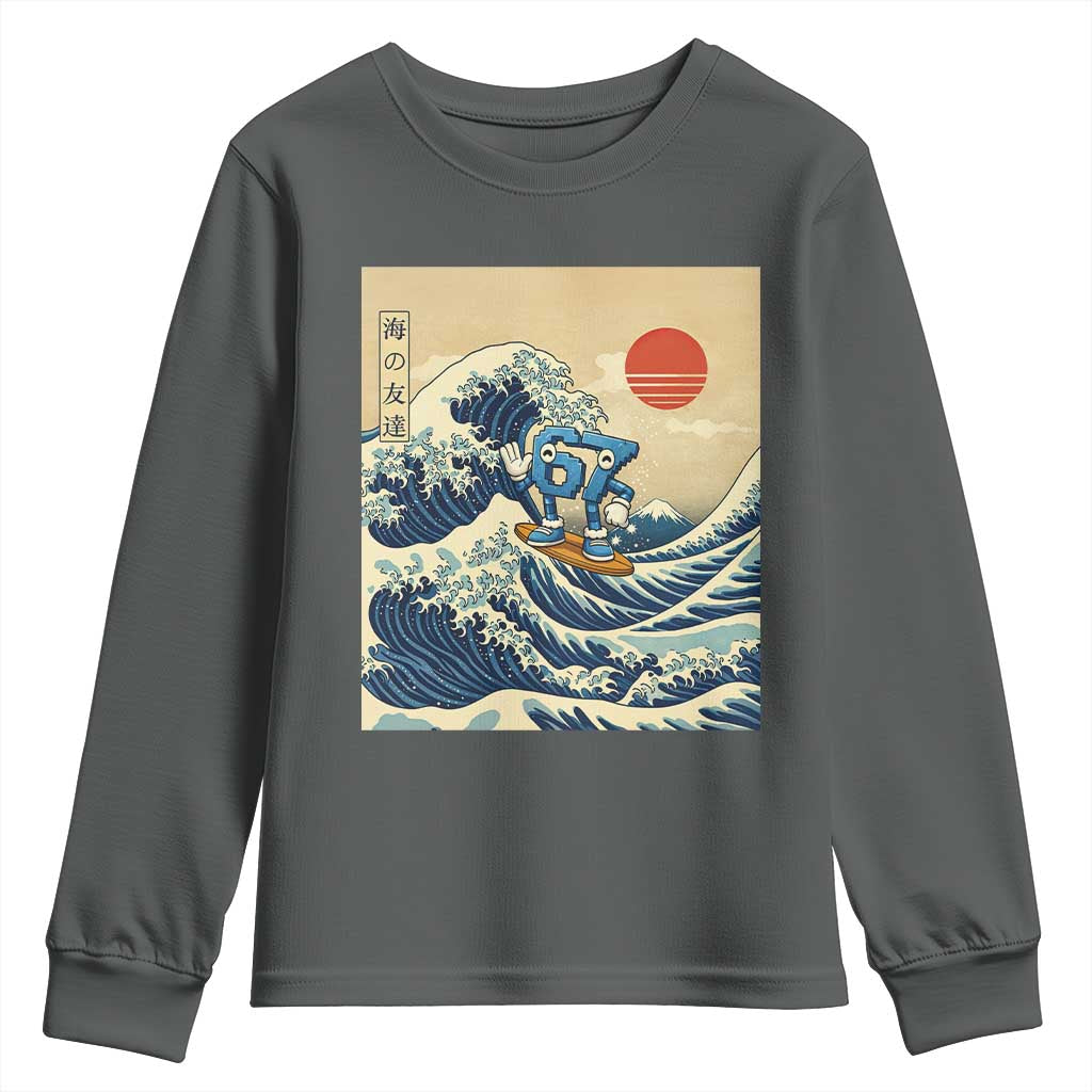 Funny Six Seven Surfing Youth Sweatshirt The Great Wave Kanagawa Japanese 67 Brainrot Meme