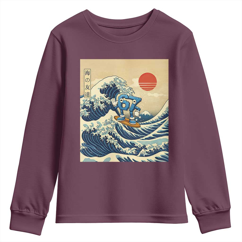 Funny Six Seven Surfing Youth Sweatshirt The Great Wave Kanagawa Japanese 67 Brainrot Meme
