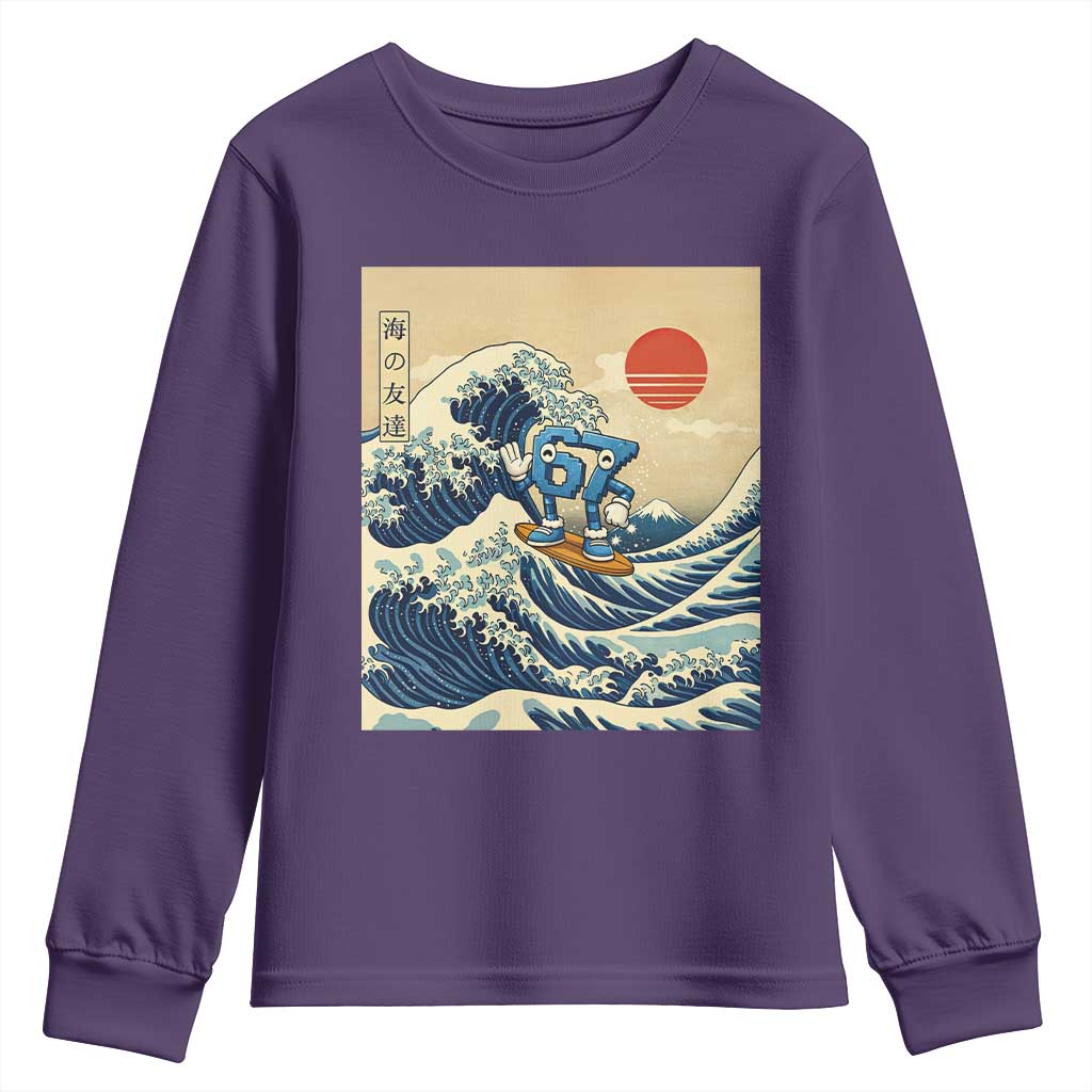 Funny Six Seven Surfing Youth Sweatshirt The Great Wave Kanagawa Japanese 67 Brainrot Meme