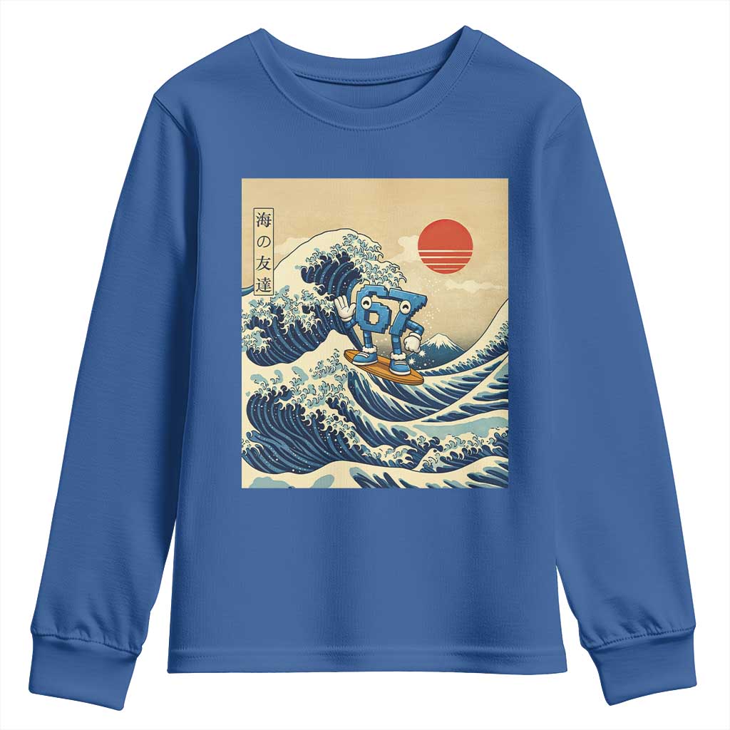 Funny Six Seven Surfing Youth Sweatshirt The Great Wave Kanagawa Japanese 67 Brainrot Meme