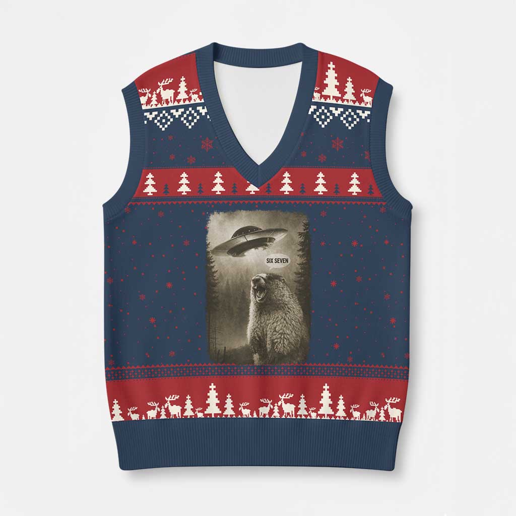 Funny Six Seven V-Neck Knit Sweater Vest Screaming Groundhog UFO Meme