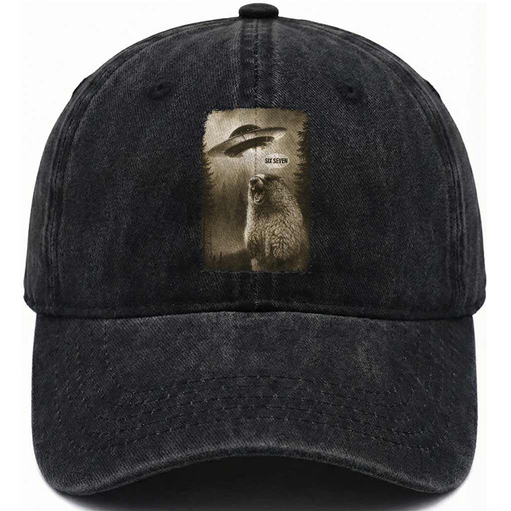 Funny Six Seven Washed Cotton Baseball Cap Screaming Groundhog UFO Meme