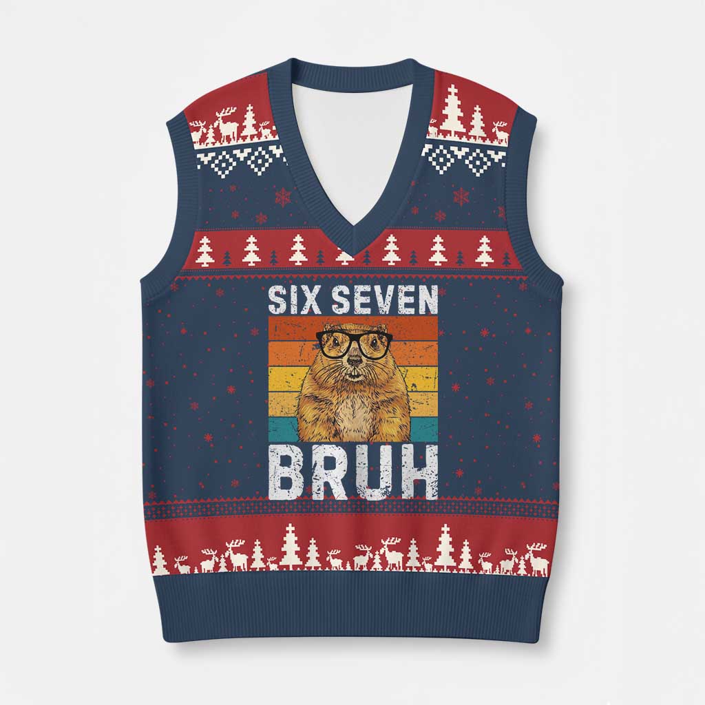 67 Groundhog Meme V-Neck Knit Sweater Vest Funny Six Seven Bruh Groundhog Day - Wonder Print Shop