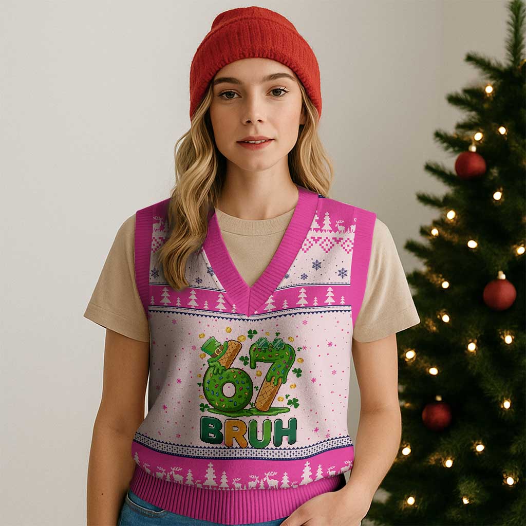 67 St Patricks Day V-Neck Knit Sweater Vest Funny Six Seven Bruh Meme