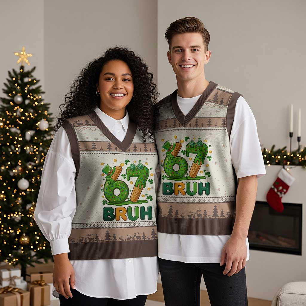 67 St Patricks Day V-Neck Knit Sweater Vest Funny Six Seven Bruh Meme
