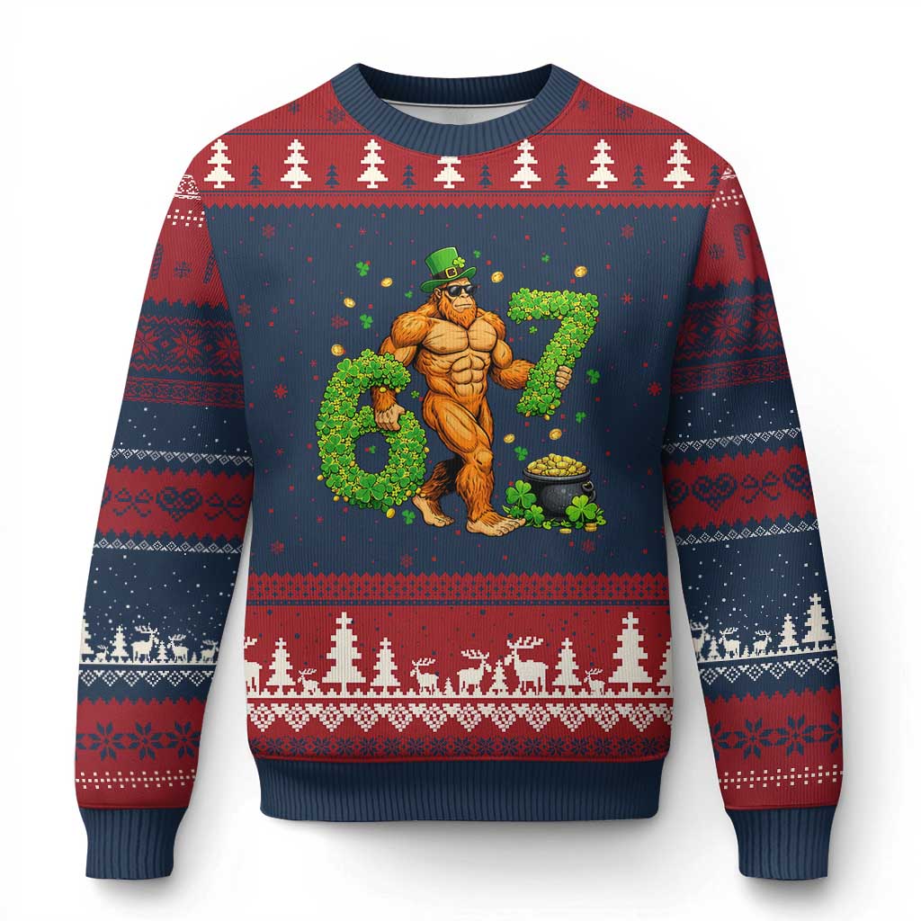 67 St Patricks Day Ugly Christmas Sweater Funny Bigfoot Six Seven Shamrock Party Meme