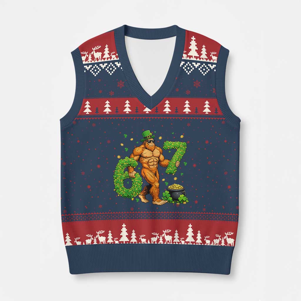 67 St Patricks Day V-Neck Knit Sweater Vest Funny Bigfoot Six Seven Shamrock Party Meme
