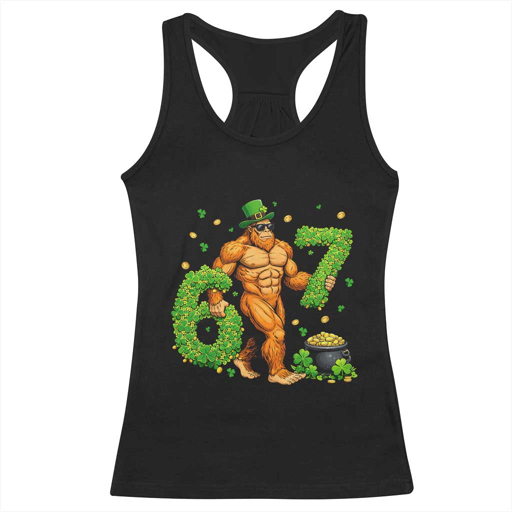 67 St Patricks Day Racerback Tank Top Funny Bigfoot Six Seven Shamrock Party Meme