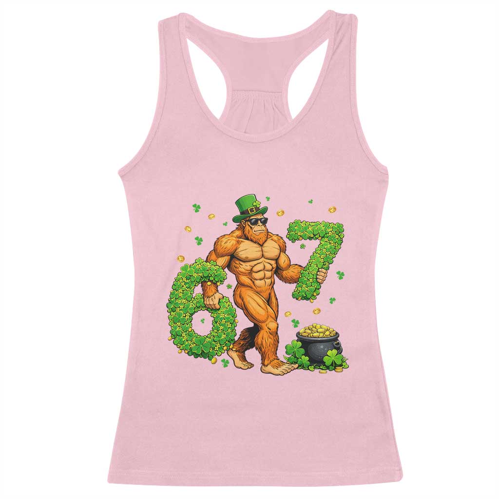 67 St Patricks Day Racerback Tank Top Funny Bigfoot Six Seven Shamrock Party Meme
