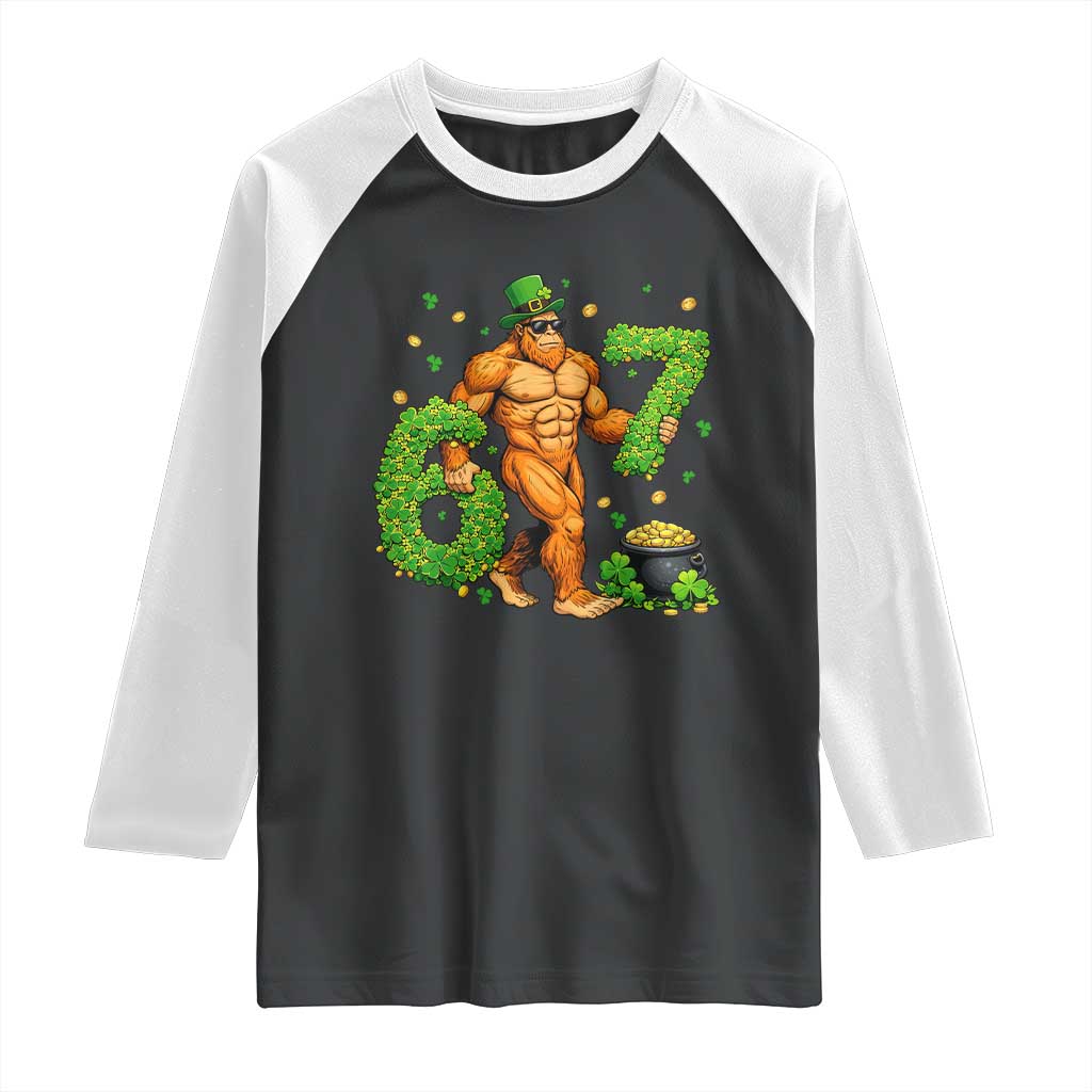 67 St Patricks Day Raglan Shirt Funny Bigfoot Six Seven Shamrock Party Meme