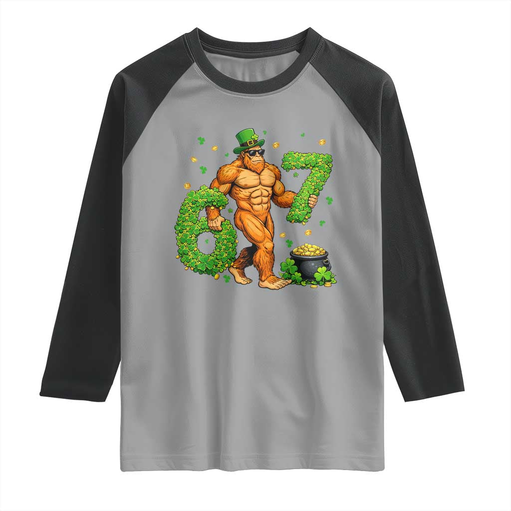 67 St Patricks Day Raglan Shirt Funny Bigfoot Six Seven Shamrock Party Meme