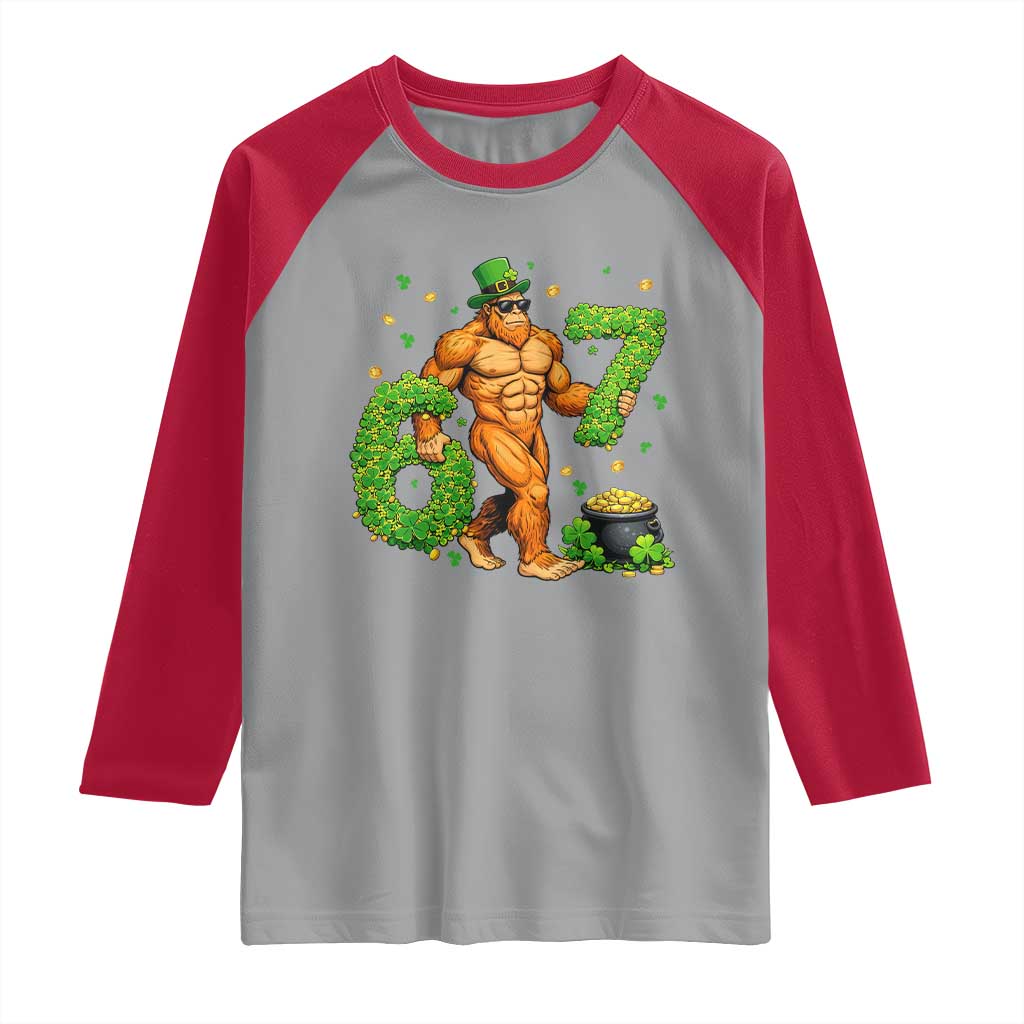 67 St Patricks Day Raglan Shirt Funny Bigfoot Six Seven Shamrock Party Meme