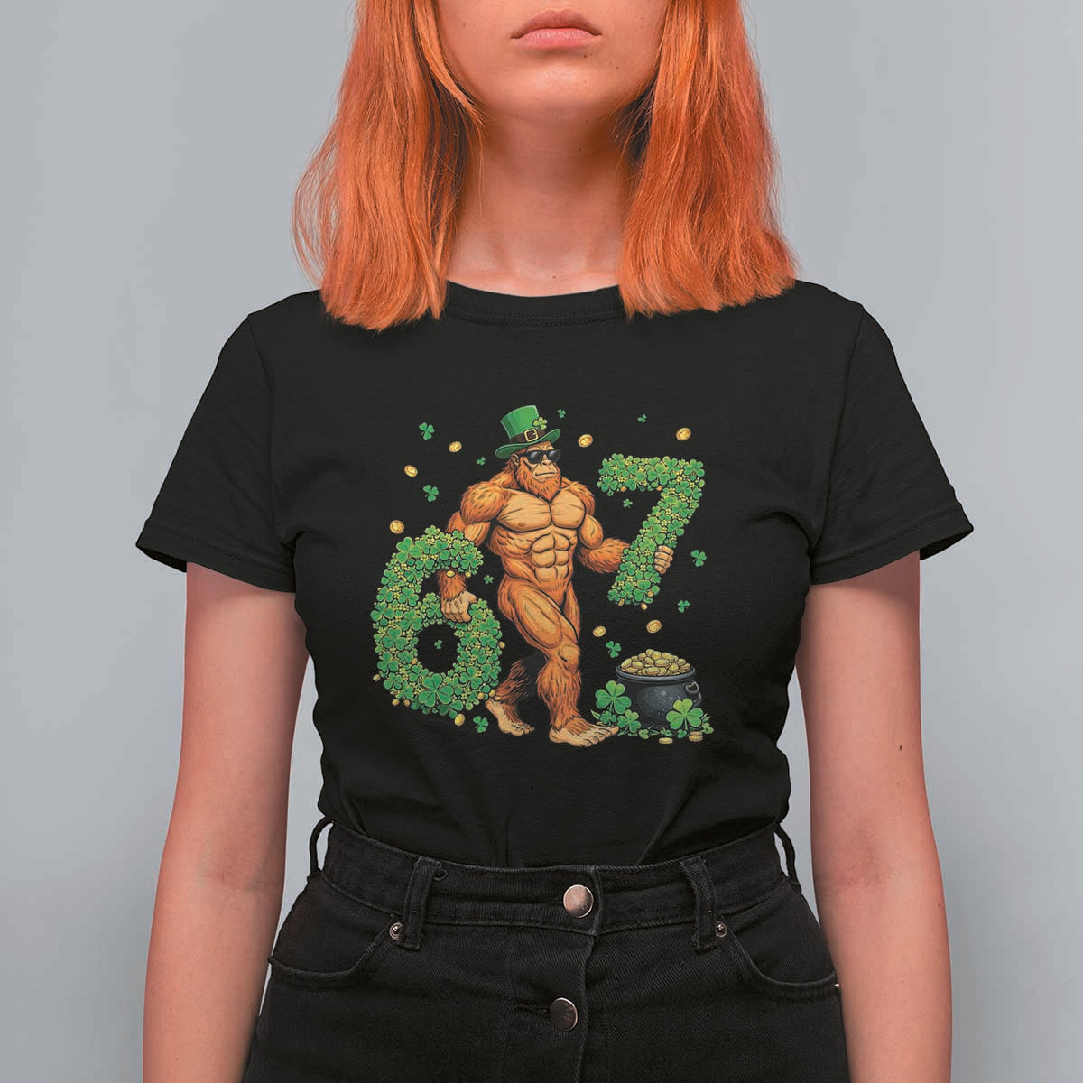67 St Patricks Day T Shirt For Women Funny Bigfoot Six Seven Shamrock Party Meme