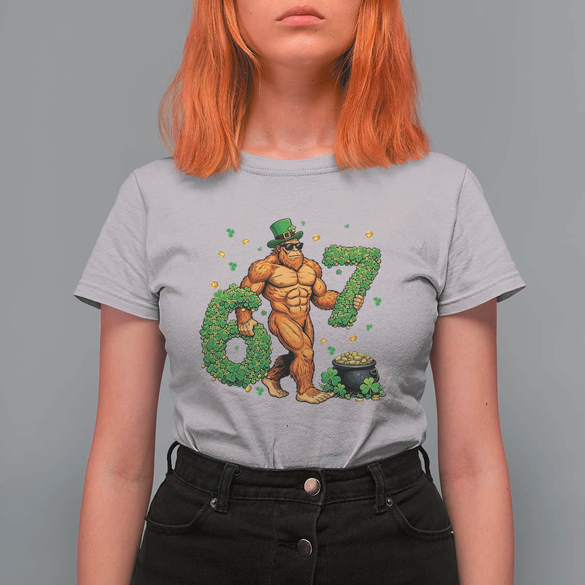 67 St Patricks Day T Shirt For Women Funny Bigfoot Six Seven Shamrock Party Meme