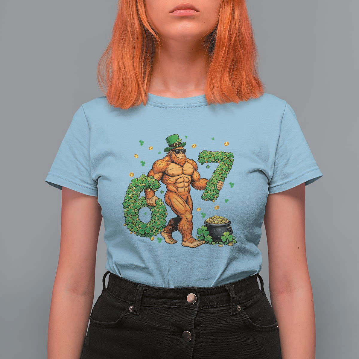 67 St Patricks Day T Shirt For Women Funny Bigfoot Six Seven Shamrock Party Meme