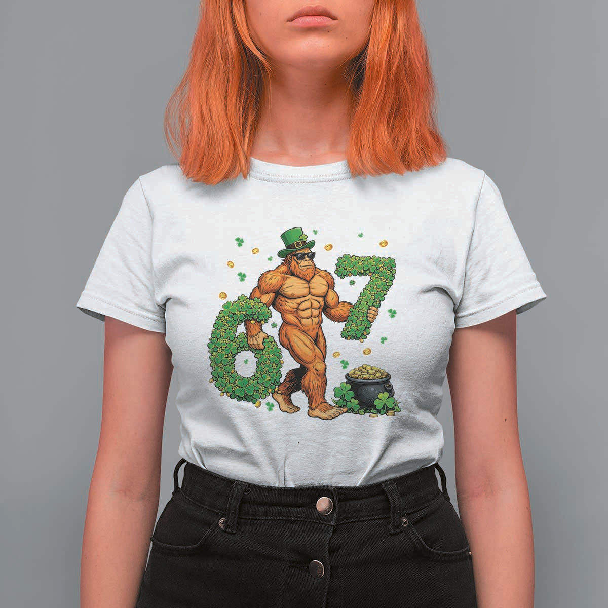 67 St Patricks Day T Shirt For Women Funny Bigfoot Six Seven Shamrock Party Meme