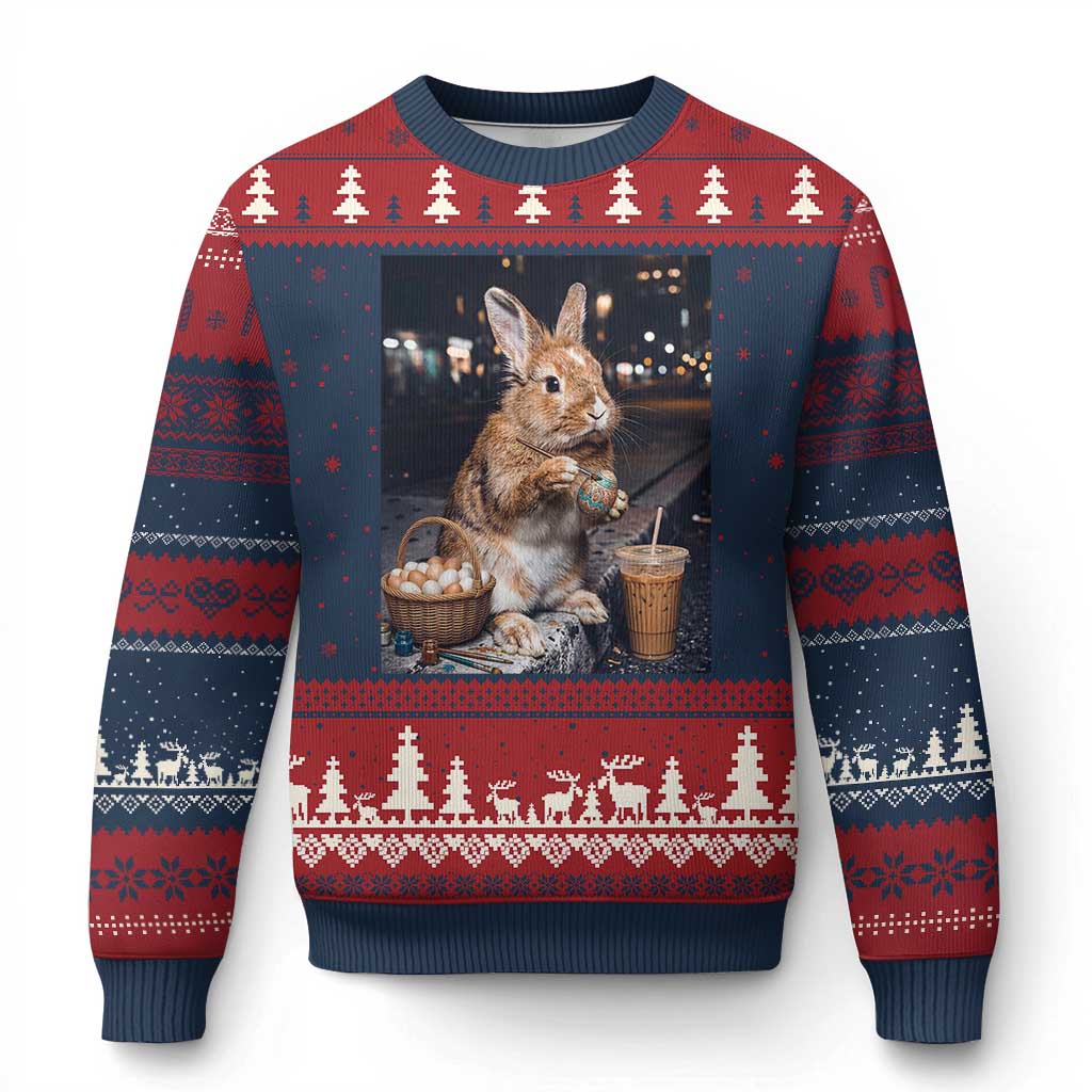 Easter Bunny Iced Coffee Ugly Christmas Sweater Funny Rabbit Egg Painting