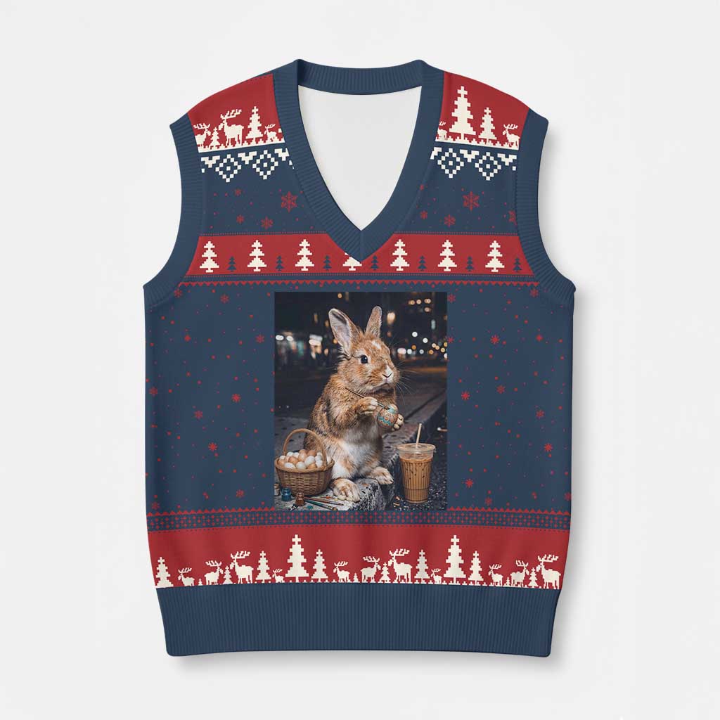 Easter Bunny Iced Coffee V-Neck Knit Sweater Vest Funny Rabbit Egg Painting