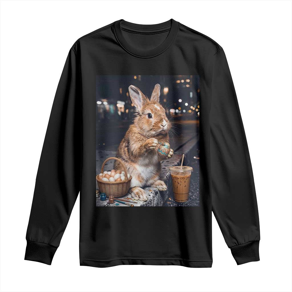 Easter Bunny Iced Coffee Long Sleeve Shirt Funny Rabbit Egg Painting