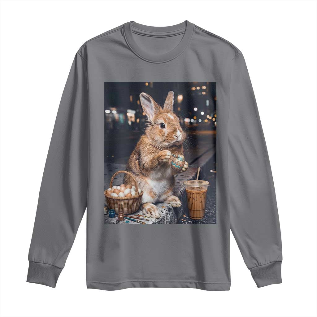 Easter Bunny Iced Coffee Long Sleeve Shirt Funny Rabbit Egg Painting