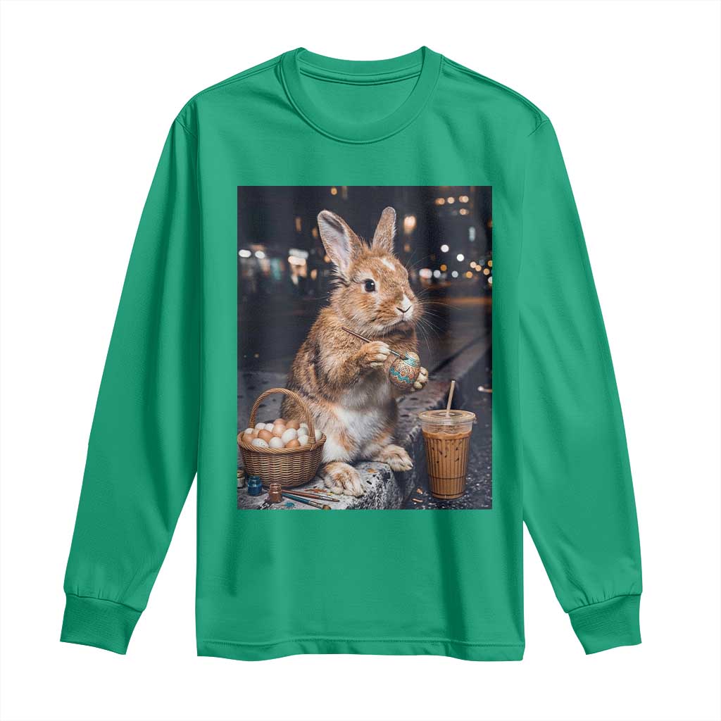 Easter Bunny Iced Coffee Long Sleeve Shirt Funny Rabbit Egg Painting