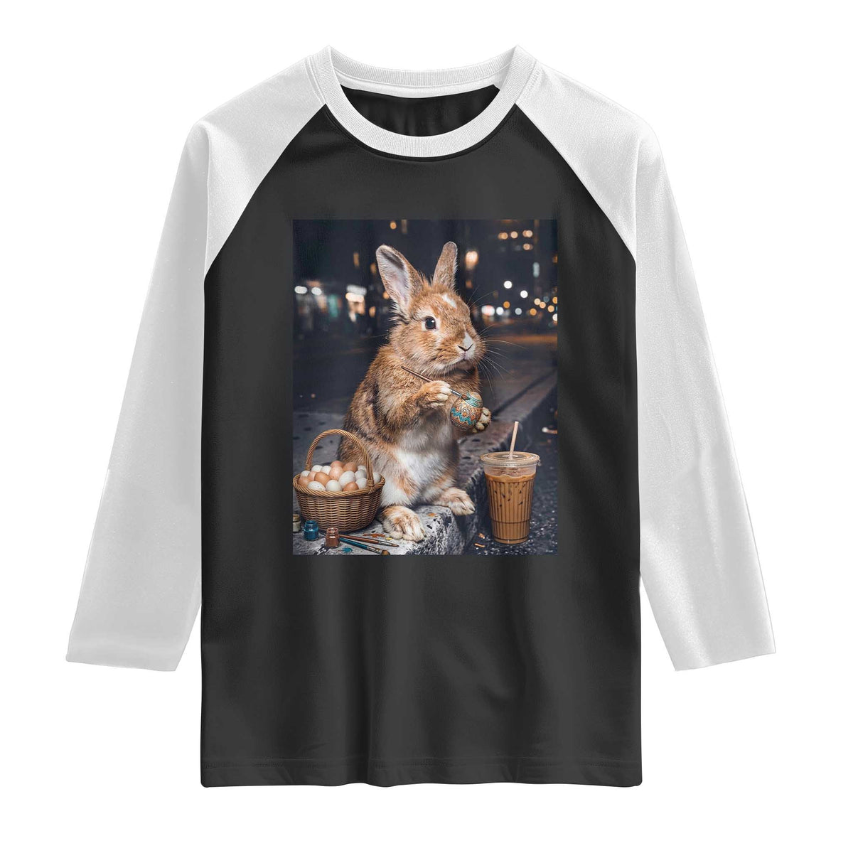 Easter Bunny Iced Coffee Raglan Shirt Funny Rabbit Egg Painting