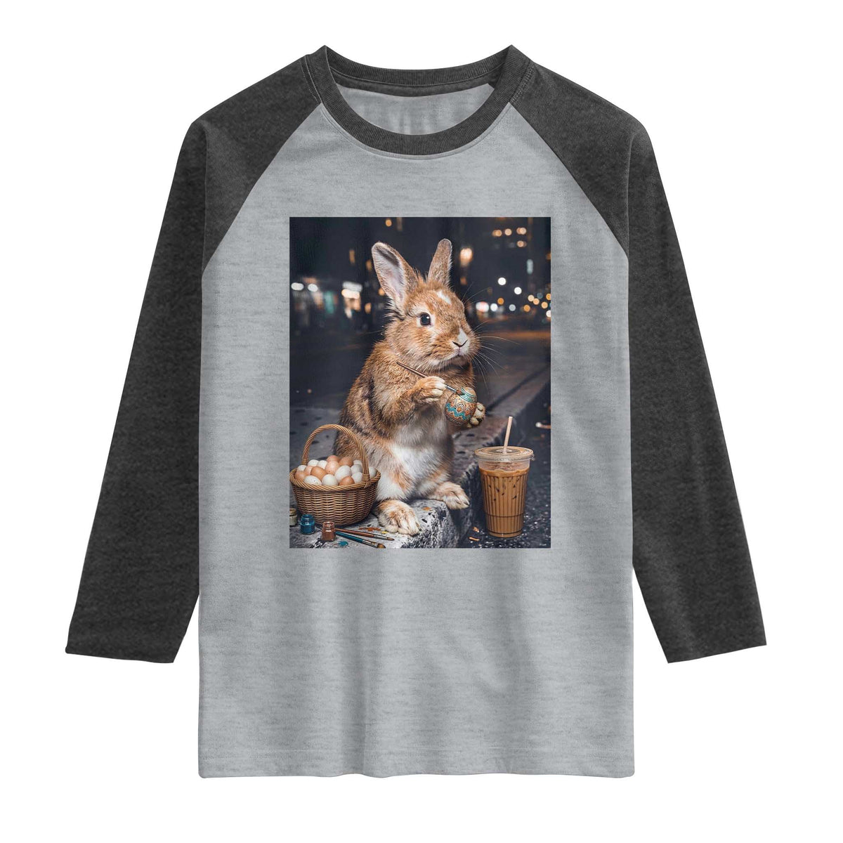 Easter Bunny Iced Coffee Raglan Shirt Funny Rabbit Egg Painting