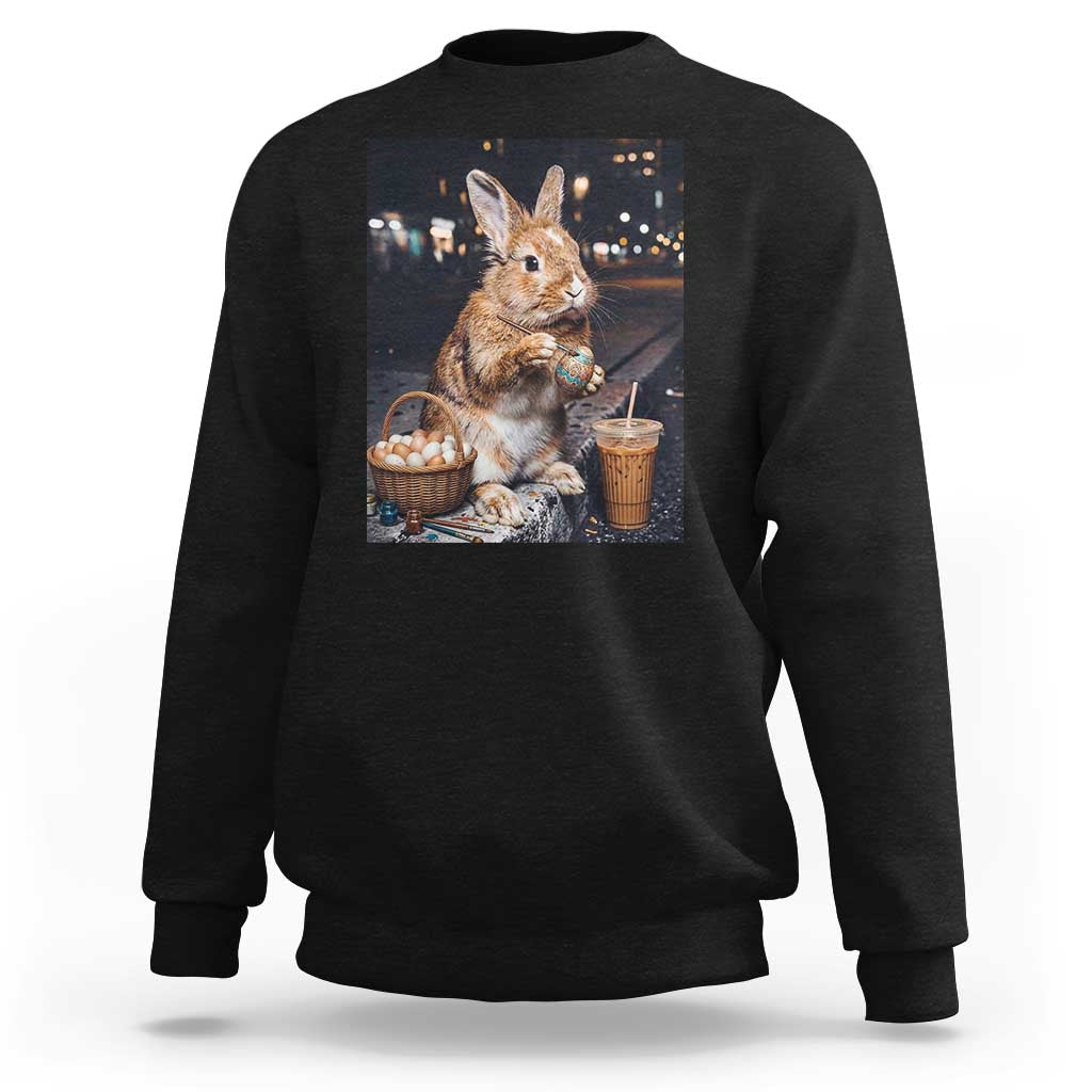 Easter Bunny Iced Coffee Sweatshirt Funny Rabbit Egg Painting