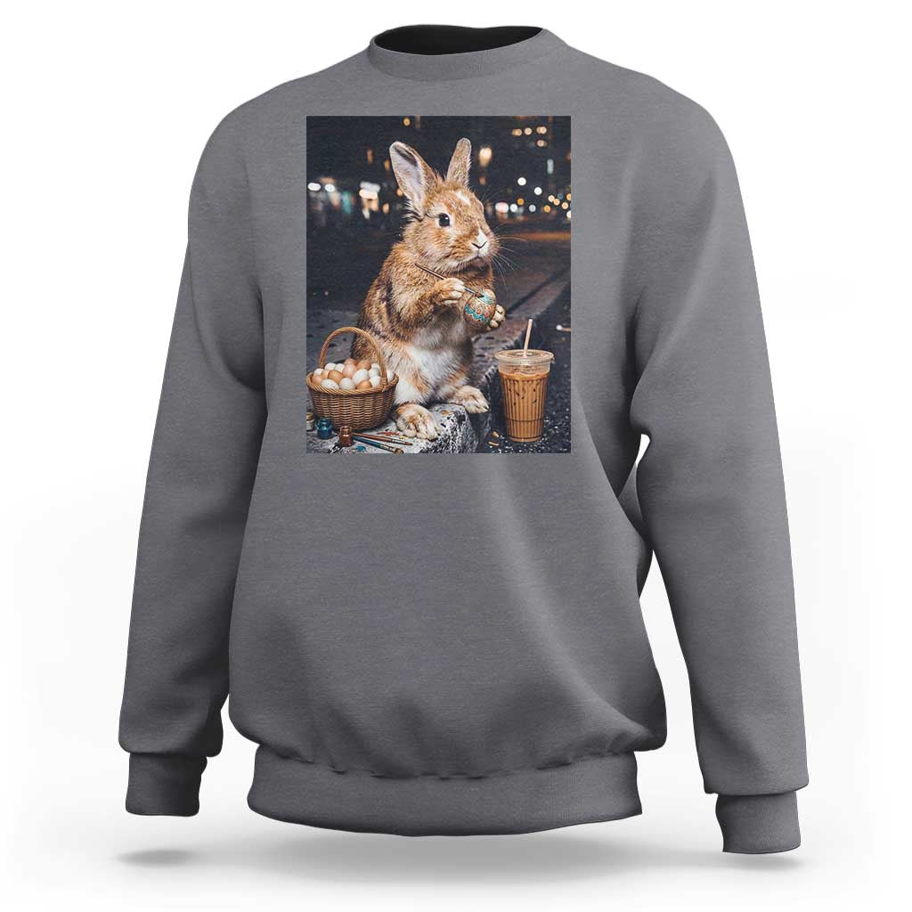 Easter Bunny Iced Coffee Sweatshirt Funny Rabbit Egg Painting