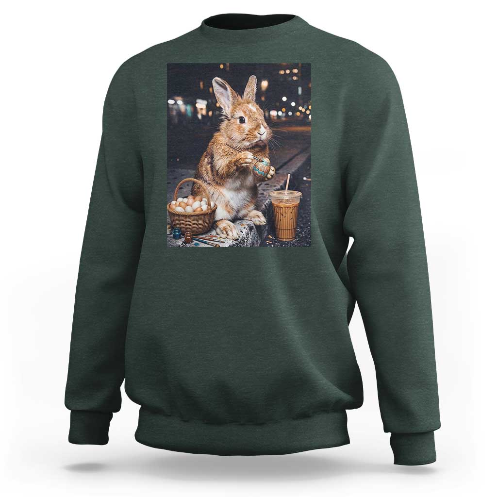 Easter Bunny Iced Coffee Sweatshirt Funny Rabbit Egg Painting
