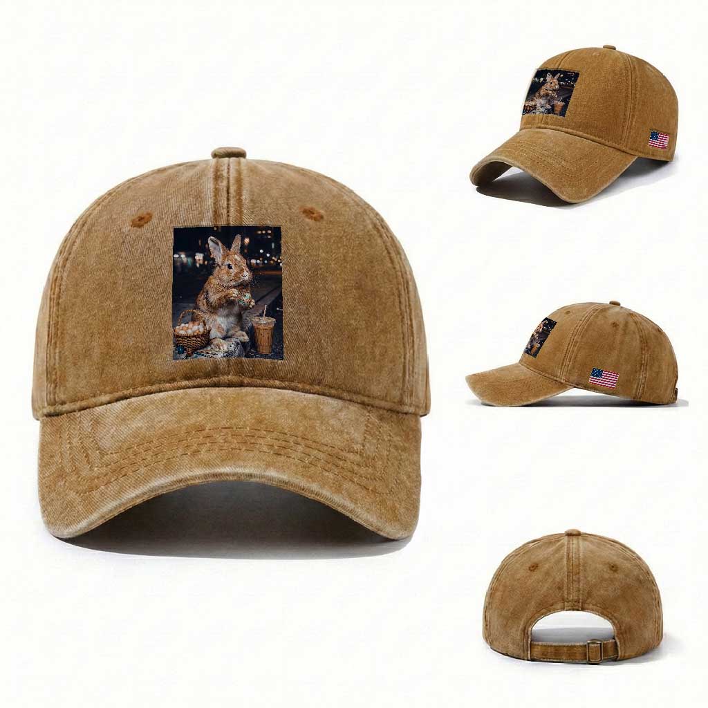 Easter Bunny Iced Coffee Washed Cotton Baseball Cap Funny Rabbit Egg Painting