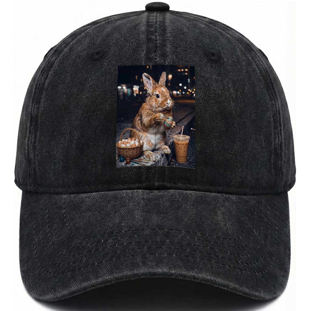 Easter Bunny Iced Coffee Washed Cotton Baseball Cap Funny Rabbit Egg Painting